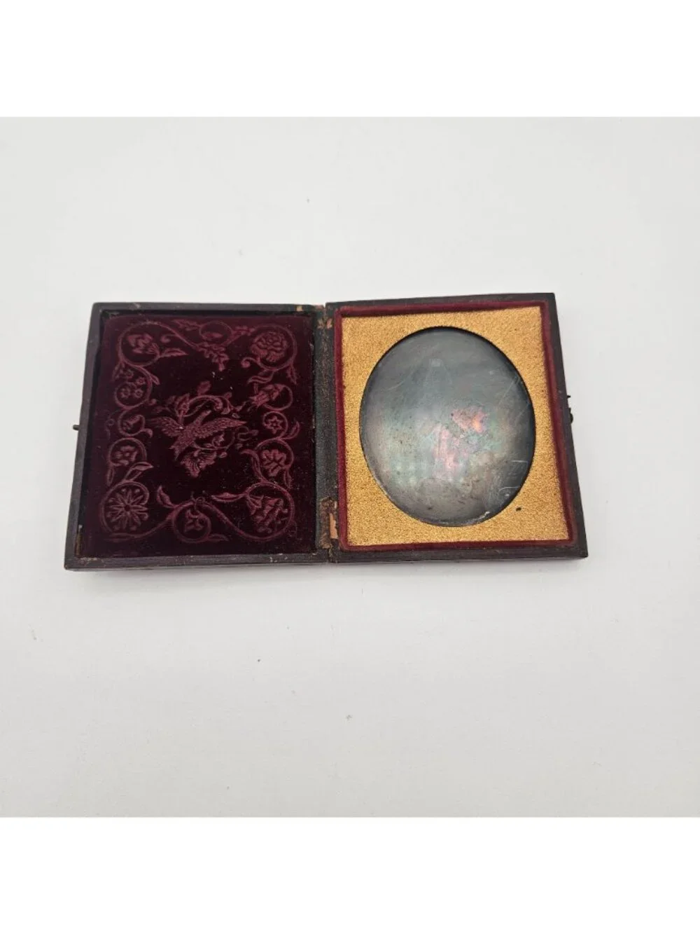 Antique Leather Red Velvet Pheasant Scene Daguerreotype Case